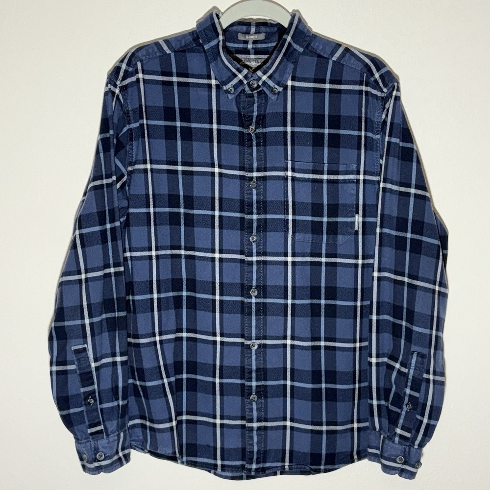 Eddie Bauer Flannel Shirt Mens L Blue Black Plaid LS‎ Button Up Classic Fit Work